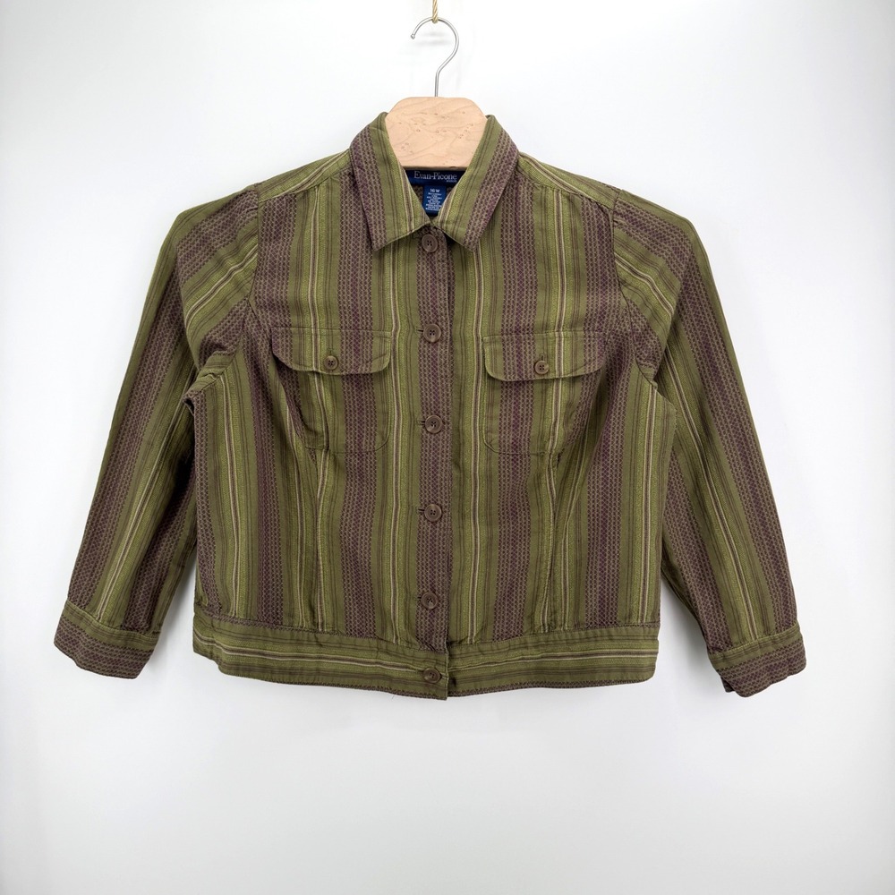 Earthy Striped Utility Jacket 16W Linen Blend Evan-Picone Green Boho Chic Career